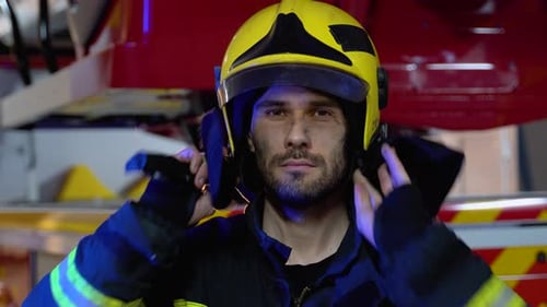 Firefighter Putting on Protective Helmet in Fire Station