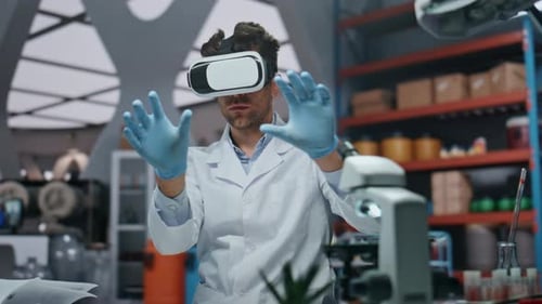 Doctor Touching Virtual Interface in Vr Goggles Working Laboratory Close Up