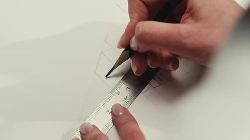 Young Woman Artist is Drawing Buildings By Pencil Using Ruler on White Paper The Designer or