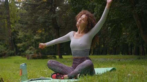 Sportive Woman Outdoors in Park Doing Fitness Exercise Stretching Neck Muscles Pain Fit Girl Body