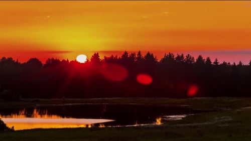 Static beautiful sunset timelapse over a forest. Dramatic orange and red sky at sunset. Timelapse wi
