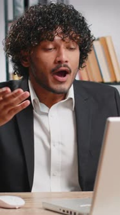 Angry Businessmanin Ceo Making Laptop Call Conversation at Home Office Quarrel Conflict Negotiation