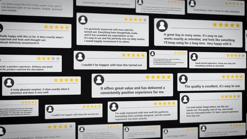 Floating customer review cards with star ratings create a dynamic collage on a dark background