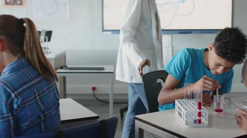 In school, boys conducting science experiment with test tubes in classroom