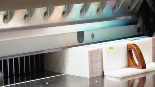Worker Cutting Paper Using Paper Cutting Machine in a Printing Factory