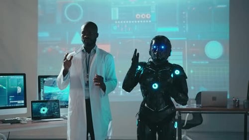 Group of Professional Engineers Posing with Automated Robot Prototype Inside Scientific Center
