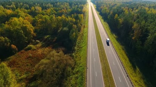 Automobile Traffic at Highway Road at Forest. Highway Road in Forest Landscape