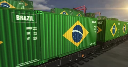 Brazil export containers on cargo train wagons loop