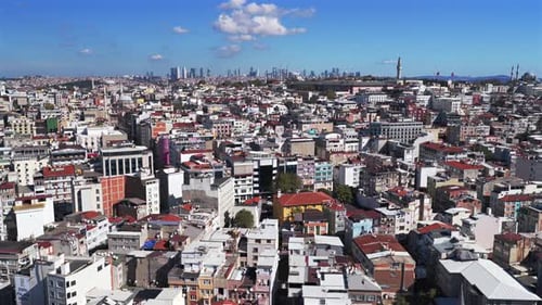 Neighborhood cityscape morning blue sky sunny Istanbul Turkey Türkiye aerial drone Blue Mosque synag