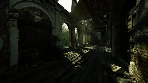 Golden Light Bathes Peaceful Courtyard Leading to Verdant Garden