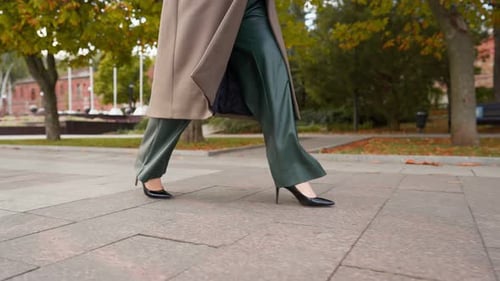 Beautiful Legs Business Woman in HighHeeled Shoes Walk on Cloudy Autumnal Day