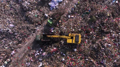 Excavators Work at Garbage Dump Landfill Aerial View