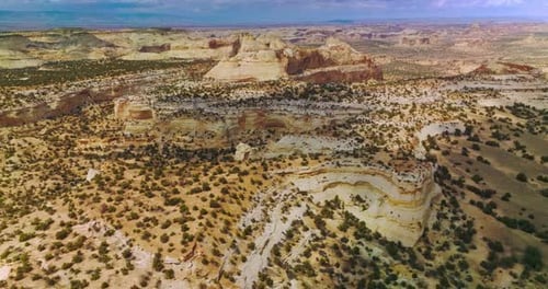 Rocky landscape of endless desert with little bushes of greenery. Amazing canyons of Utah, USA