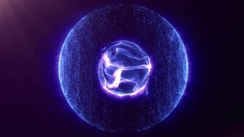 Digital abstract bright glowing rotating particle sphere in the Universe. Animated wave energy orb.