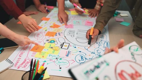 Collaborative Mind Mapping Session for Marketing Strategies with Colorful Sticky