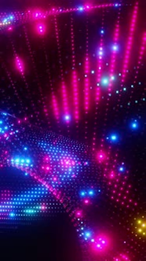 Abstract Neon Glowing Light Grid Particle Display