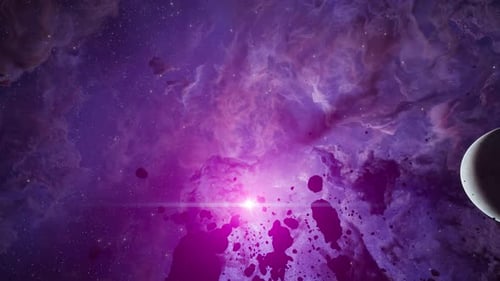 Cinematic 3D Journey Through a Purple Space Nebula with Asteroids
