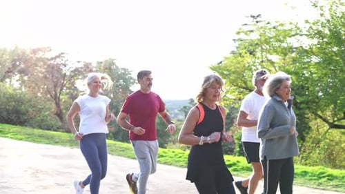 Active Senior Group Running Together in a Sunny Park