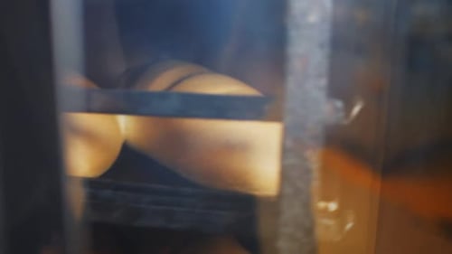 Bread Loaves Baked in Large Oven in Bakery Workshop Closeup