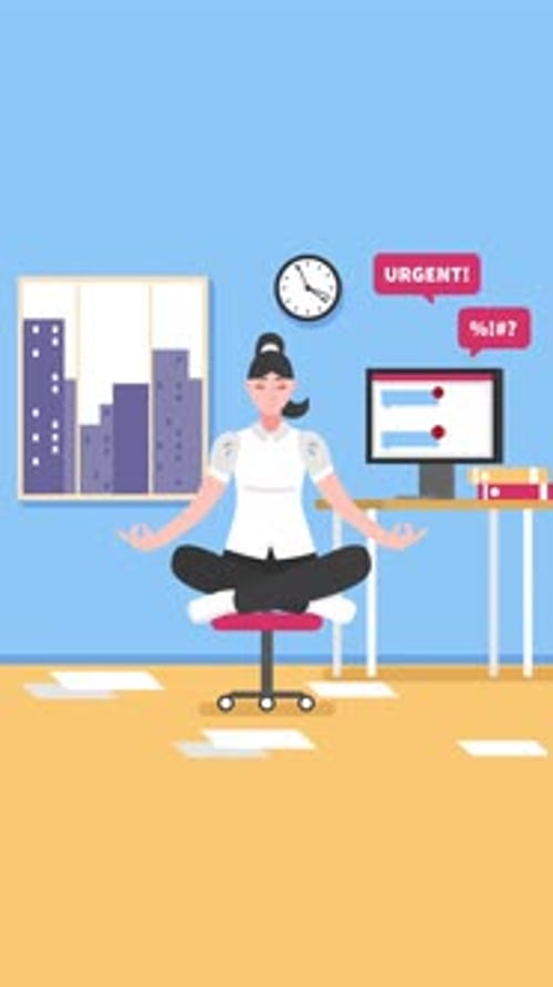 Young Woman In Office Meditating Stressful Work On Vertical