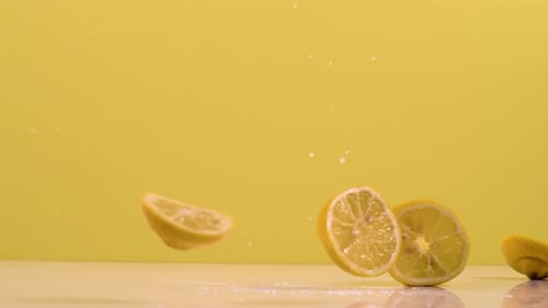 pieces of lemon falling on white surface in super slow motion.