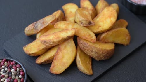 Potato wedges baked with garlic, herbs, and spices for lunch. Potato wedges