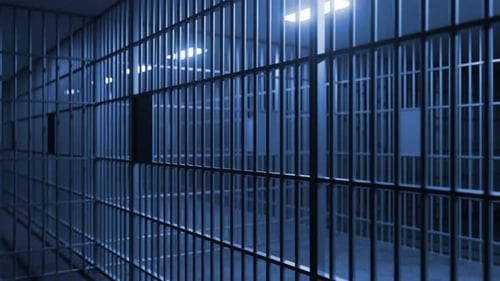 Jail corridor showing multiple prison cells with metal bars