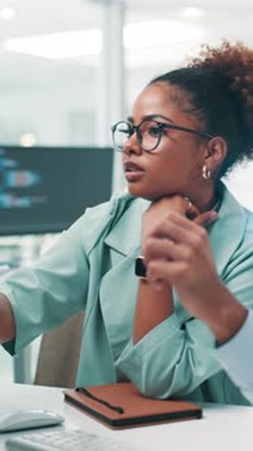 Programming, woman and teamwork with tech, office and coder with stylus for debugging