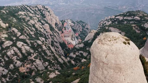 Aerial Drone Shot of Mountain Montserrat with Santa Maria De Montserrat Monastery in Barcelona