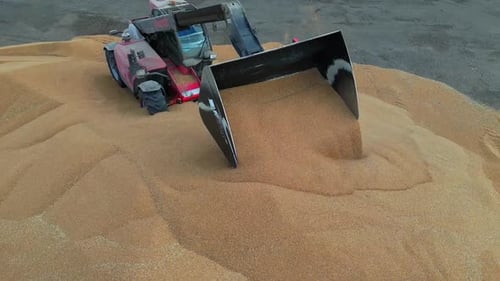 Bucket loader unloads grain at agricultural warehouse, aerial footage.