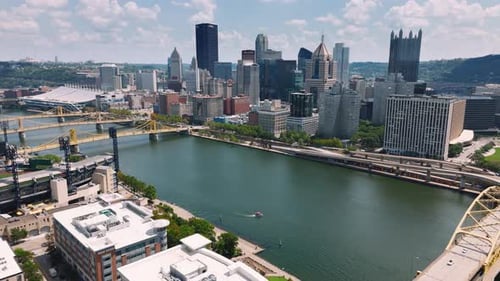 Drone Aerial of Pittsburgh Skyline and PNC Park