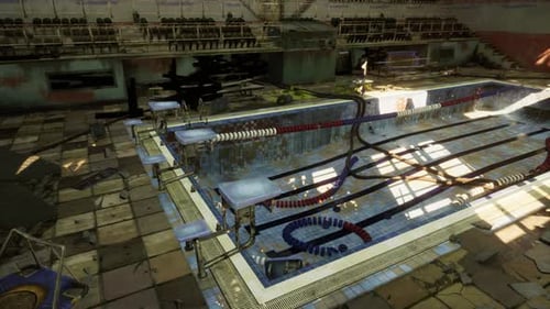 Una piscina abandonada en un edificio en ruinas