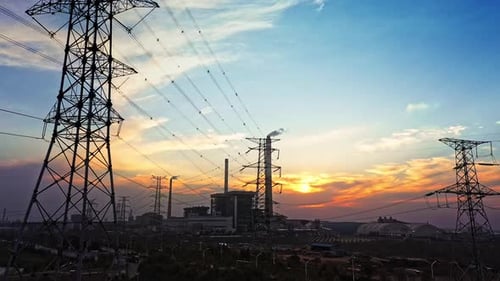 erial view of chimneys of power plant, an industrial district. Modern large thermal power plant