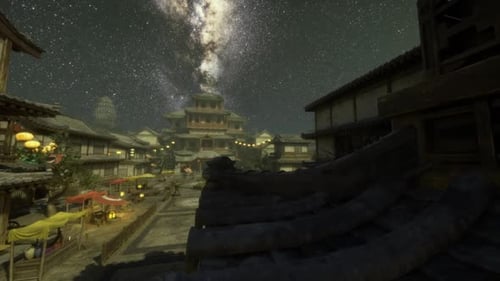 Timeless Scene of Lanternlit Street with Stars and Temple Spires