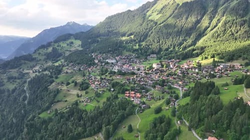 Aerial view of quiet mountain town of Wengen - Jungfrau, Switzerland