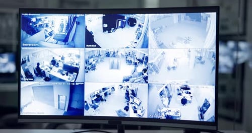 Business, monitor and security with screen, computer and software interface, multicam surveillance