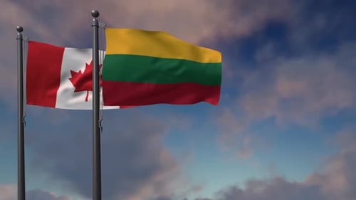 Canada and Lithuania Flags Waving in Cloudy Sky