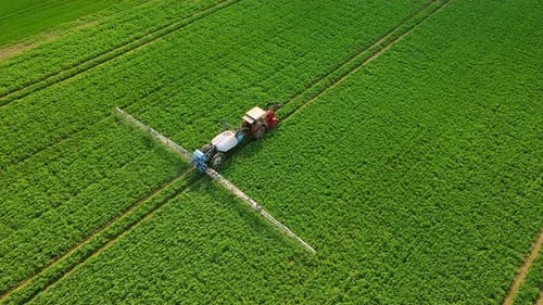 Crop Sprayer Spraying Pesticide on Soybean Field Tractor with Farmer on Wheat Plantation