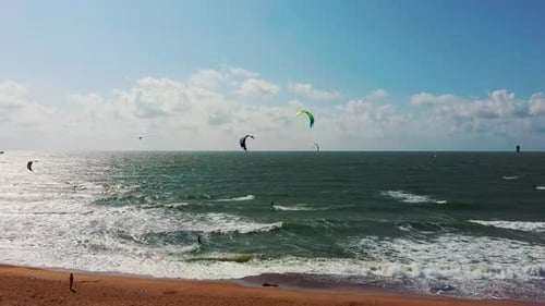 Aerial View Kiteboarders and Kitesurfers of the Baltic Sea Sunny Summer Day