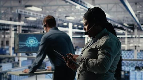 Data Center System Administrator Using AI on Tablet to Help Customers