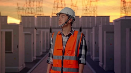 Engineer in Safety Vest Inspects Electrical Transformers at Sunset