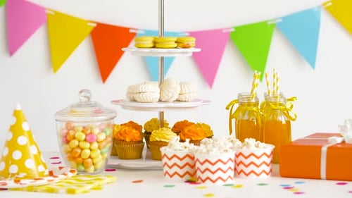 Colorful Party Treats and Decorations on Table