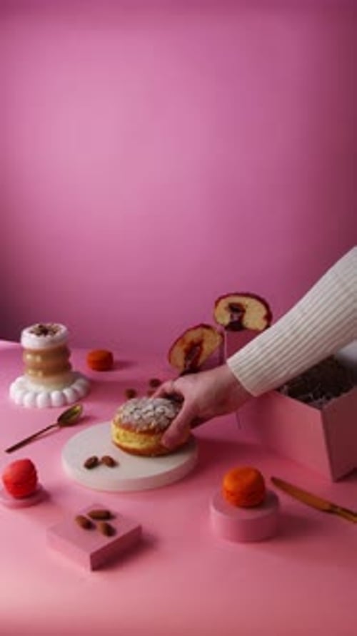 Delicious Doughnut on Pink Table, Box of Sweets
