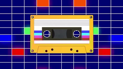 Rotating Retro Cassette Tapes on a Glowing Grid Background