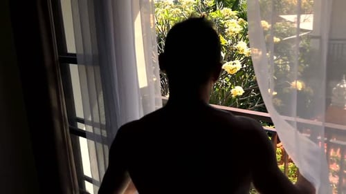 Man Walking Out On Terrace And Stretching Arms, Super Slow Motion 240fps