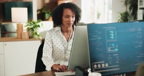 Developer, code and woman with computer screen in office for web development, review or algorithm