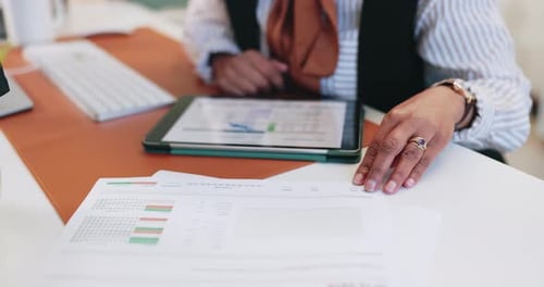 Business person, hands and tablet with documents for statistics, financial report or analysis