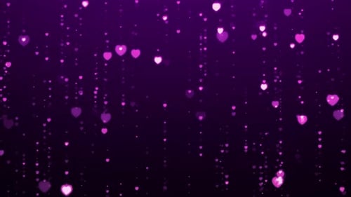Corações roxos brilhantes, partículas caindo