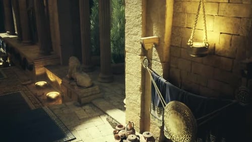 Ancient Temple Courtyard with Stone Pillars and Lion Statue