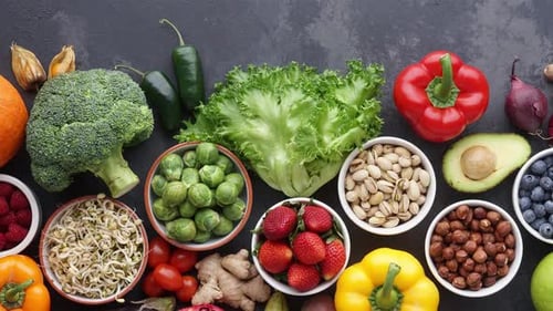 Overhead shot of colorful, fresh produce arrangement